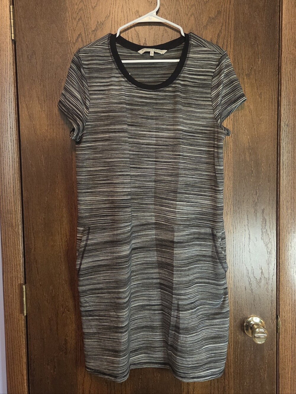 Live Love Lounge Striped Short-Sleeve Dress in Charcoal and Black